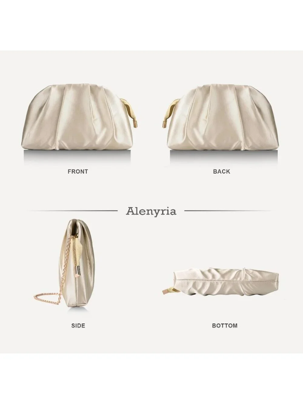Women's Champagne Pleated Satin Clutch Purse Formal Evening Wedding Bag